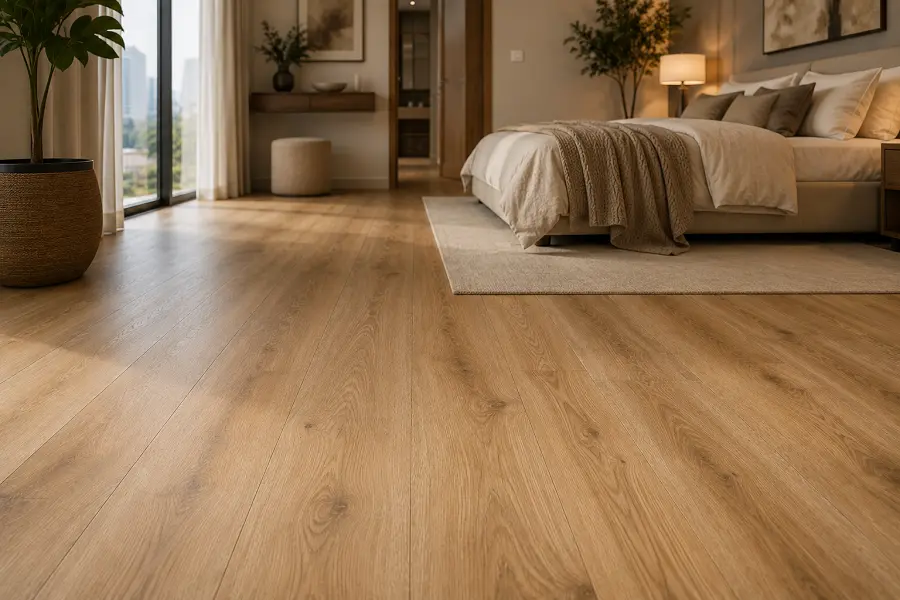 Warm LVT flooring in a comfortable UAE bedroom for a softer feel underfoot