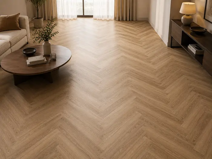 LVT herringbone flooring in a living room