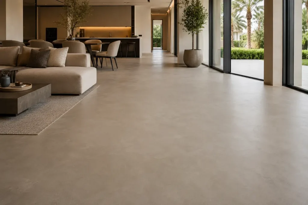 Matte microcement floor with a natural hand-trowelled finish in a villa interior