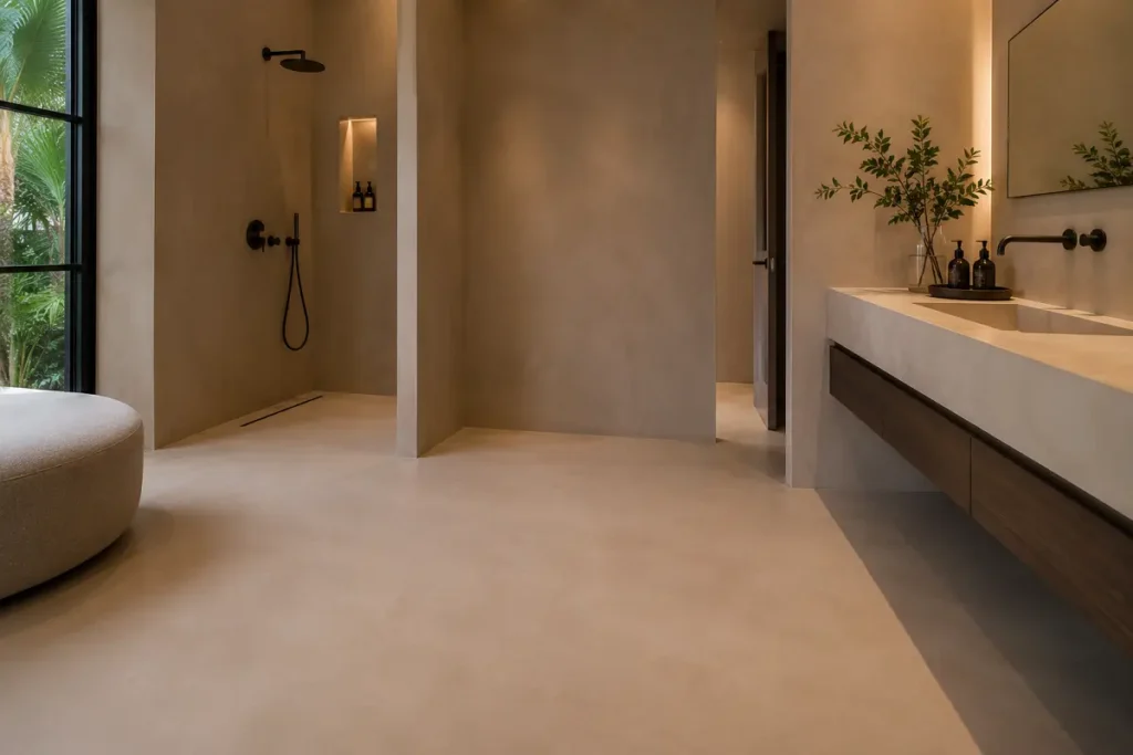 Microcement running continuously across floor and walls in a modern bathroom