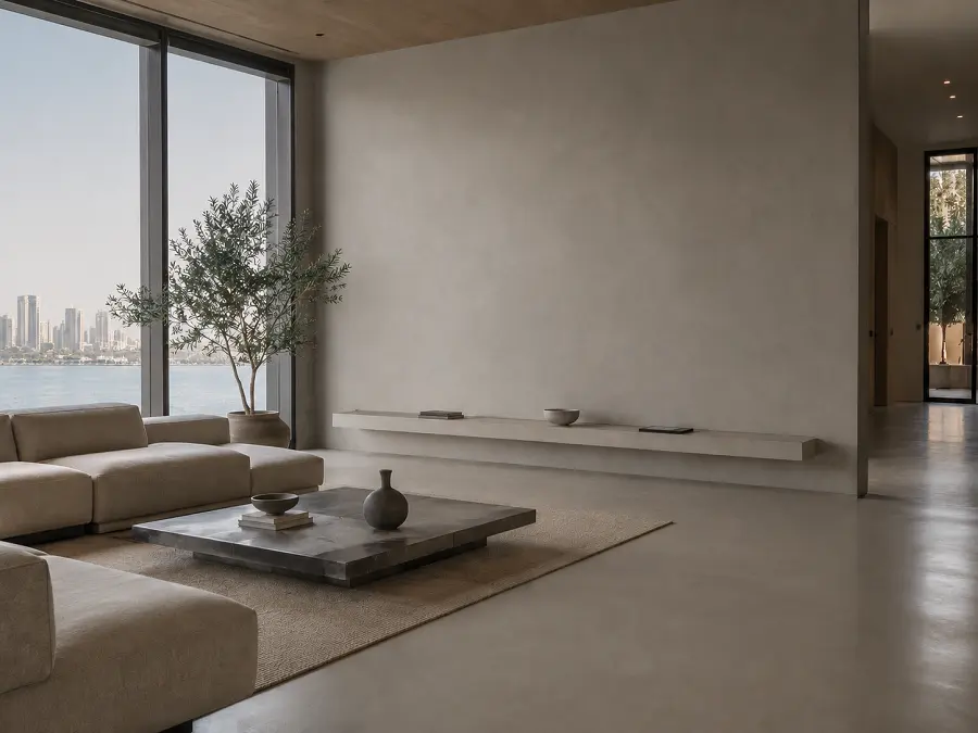 Microcement floor and wall in a modern Dubai interior