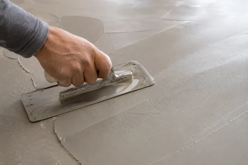 Close-up of microcement being applied by hand with a steel trowel in thin coats