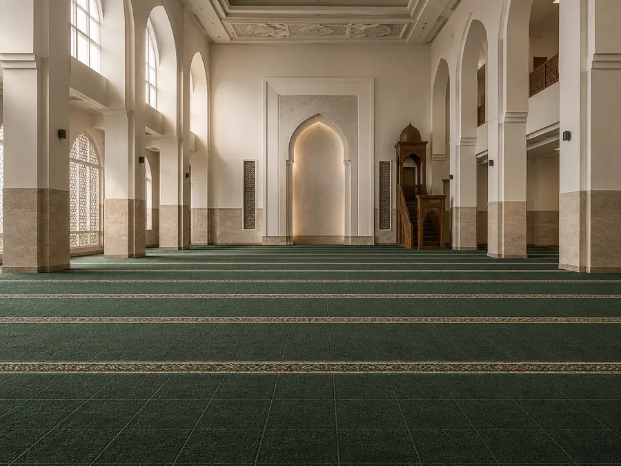 Mosque prayer hall with saff-lined carpet