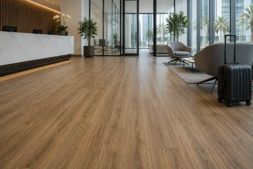 Premium office reception with hard-wearing commercial LVT flooring in Dubai