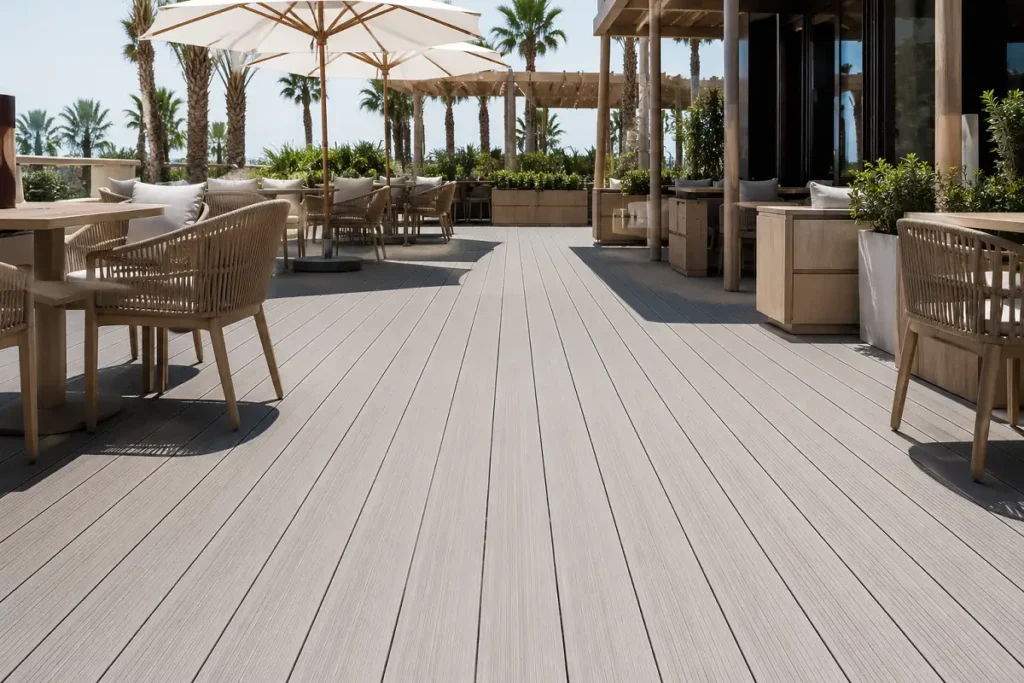 Outdoor restaurant terrace with grooved WPC composite decking in the UAE sun