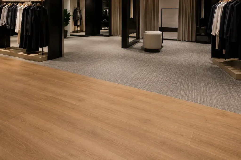 Retail floor zoned from wood-look LVT to soft carpet-tile in a fitting area