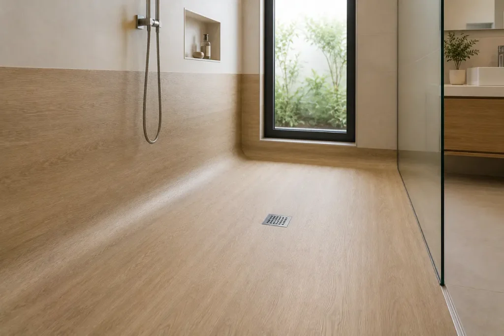 Seam-free sheet vinyl coved up the wall in a wet room with a central drain