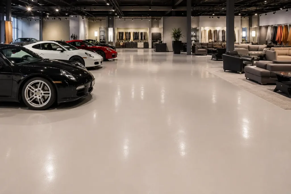 Large continuous poured epoxy resin floor in a car or furniture showroom