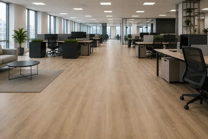 Commercial-grade SPC flooring in a busy office