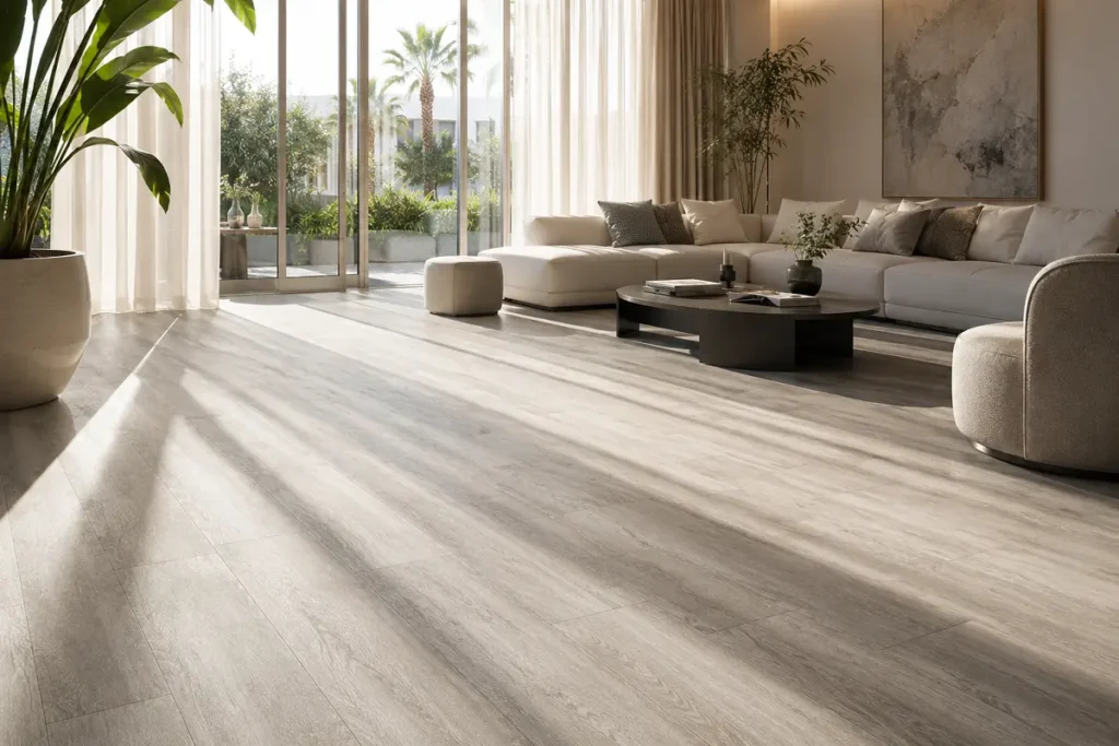 SPC rigid vinyl flooring in a bright, sun-flooded UAE living room