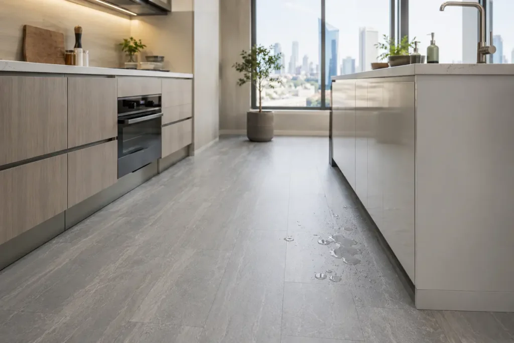 SPC flooring in a bright UAE kitchen, a wet area where it outperforms LVT