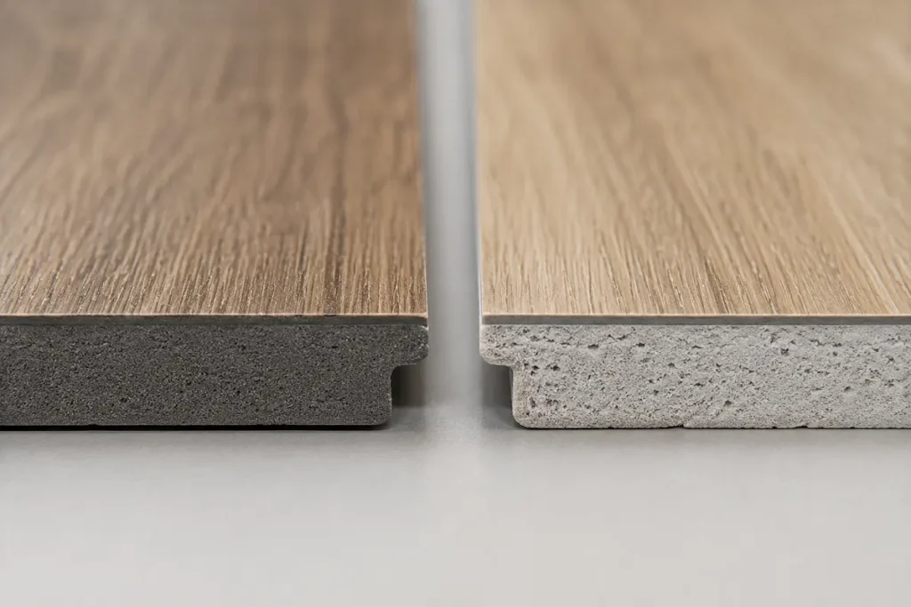 SPC stone core and WPC foam core shown side by side at the cut edge