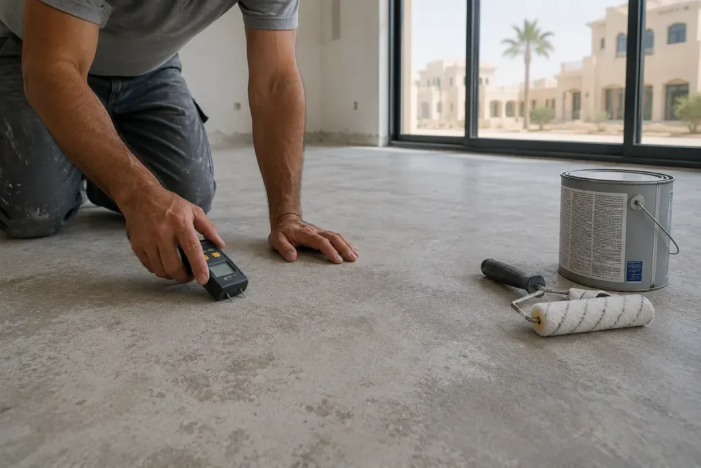 Installer testing concrete slab moisture before fitting waterproof flooring in the UAE