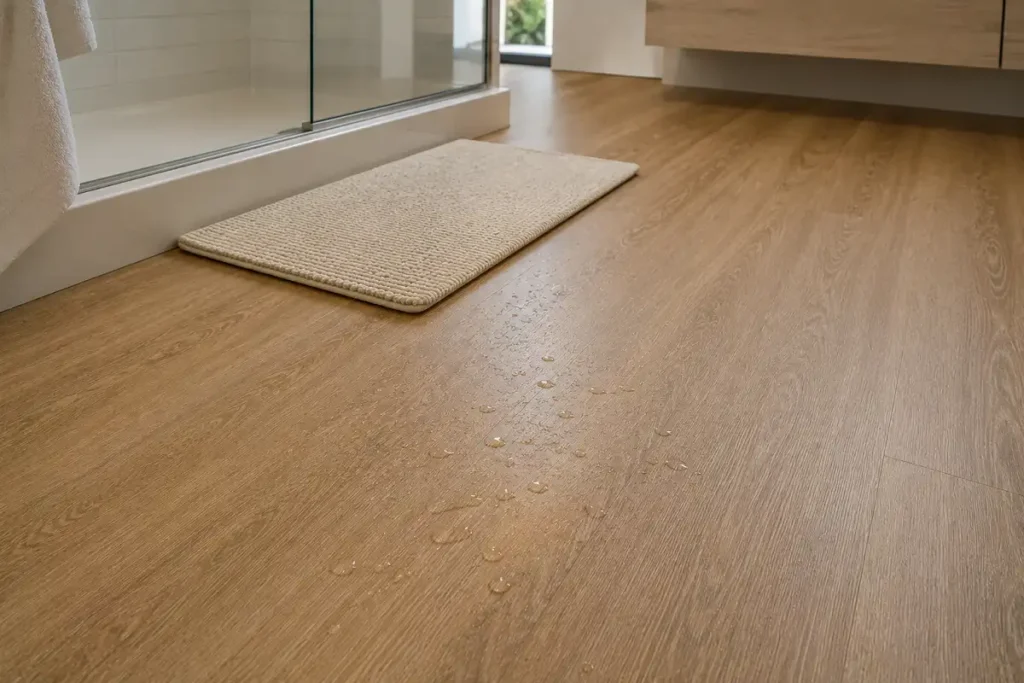 Textured matte vinyl bathroom floor with a mat at the shower exit for grip