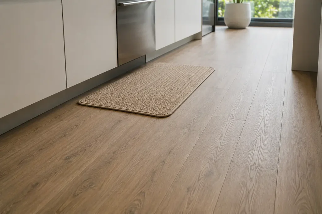 Textured matte wood-look vinyl kitchen floor with a mat at the sink for grip
