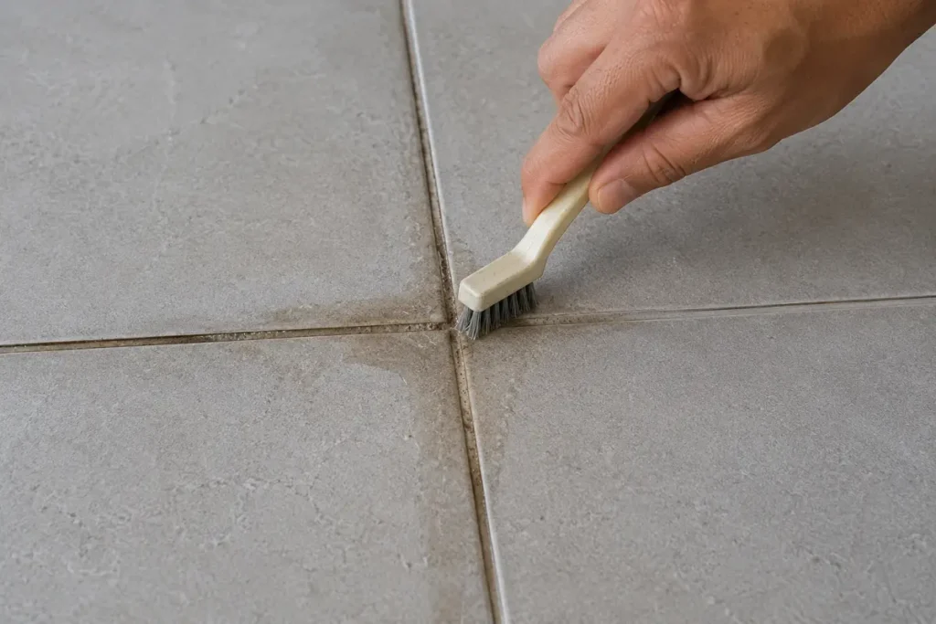 Cleaning discoloured grout lines between floor tiles, a maintenance task vinyl avoids