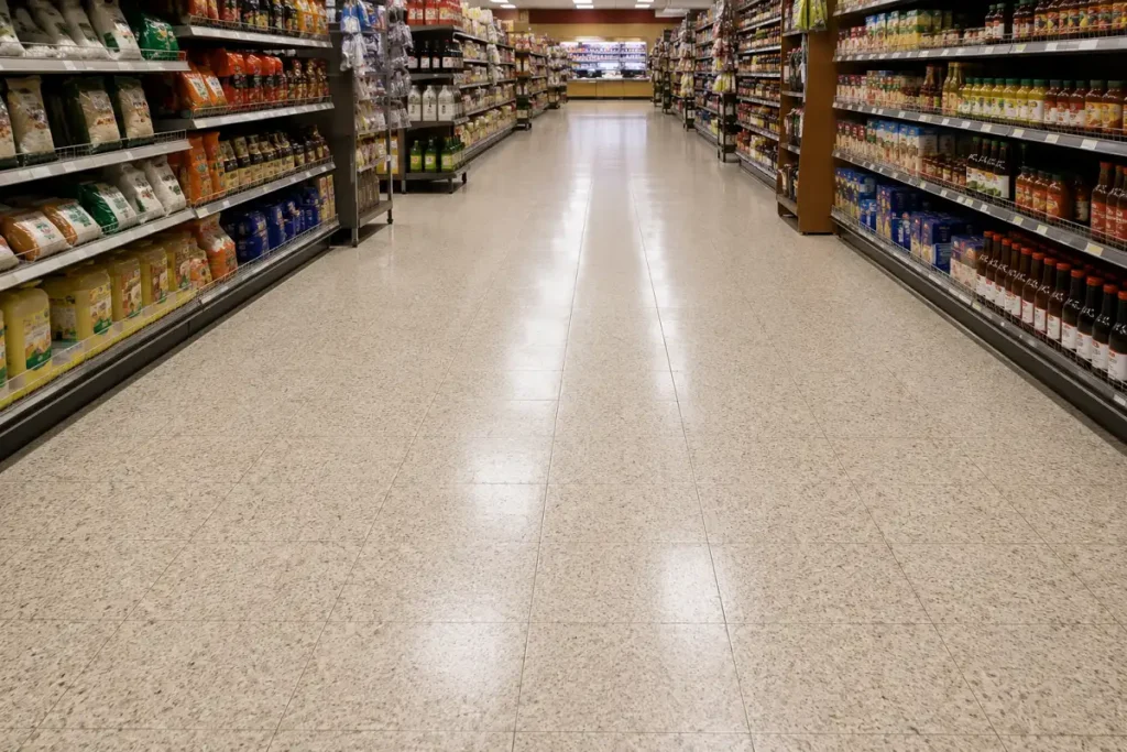 Hard-wearing VCT floor down a high-traffic supermarket or store aisle