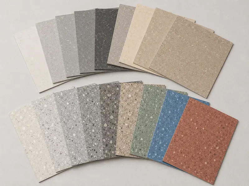 VCT tiles in solid and speckled colours
