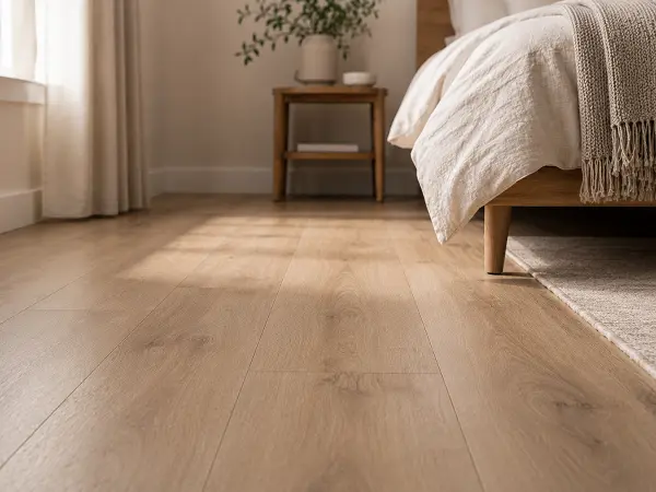 Vinyl plank flooring in a calm bedroom