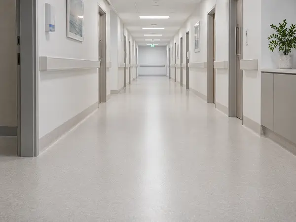 Hygienic sheet vinyl flooring in a clinic corridor