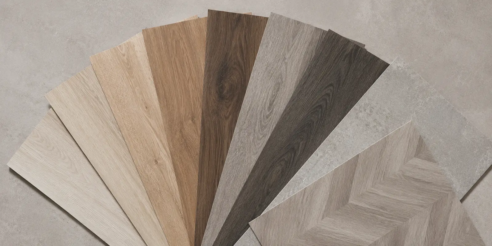Range of vinyl flooring colours, wood looks and herringbone patterns