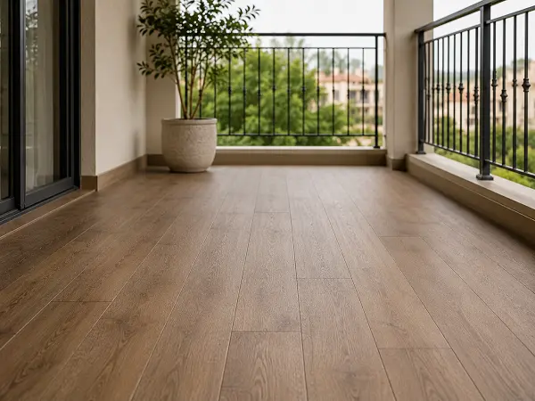 Moisture-tolerant vinyl flooring on a covered balcony