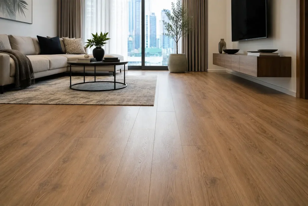 Warm wood-look vinyl flooring in a bright modern Dubai living room