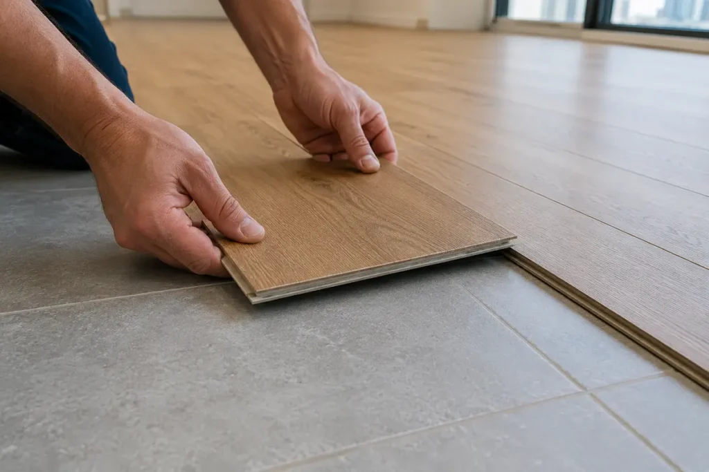 Rigid vinyl plank being click-locked over an existing ceramic tile floor
