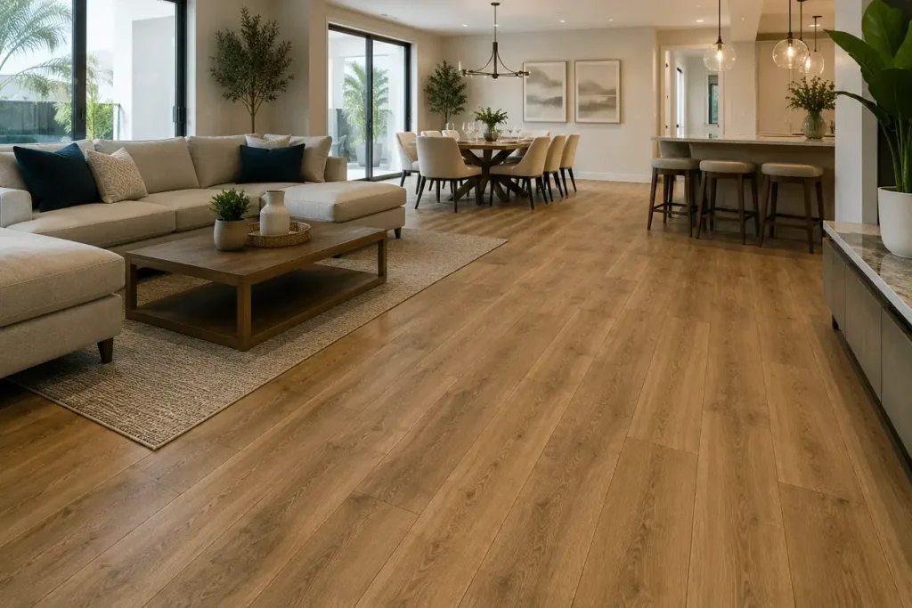 Hard-wearing wood-look vinyl floor in an open-plan UAE living and dining area