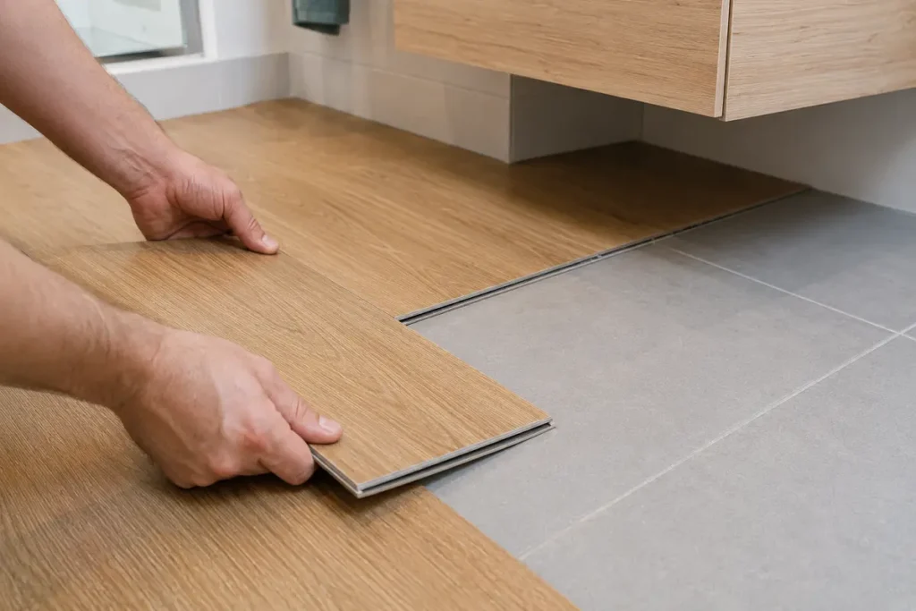 Wood-look vinyl plank being laid over existing bathroom tiles around a vanity