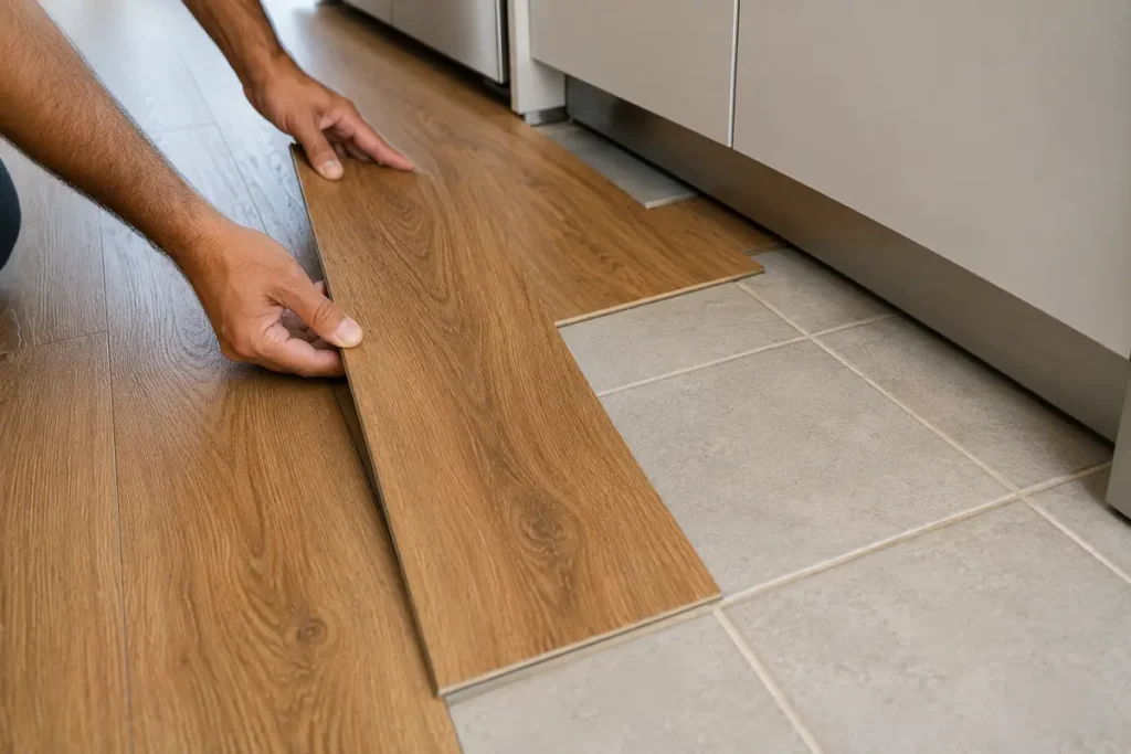 Wood-look vinyl plank being laid over existing kitchen tiles around base cabinets