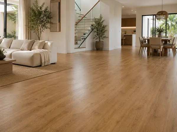 Continuous vinyl flooring through a villa interior