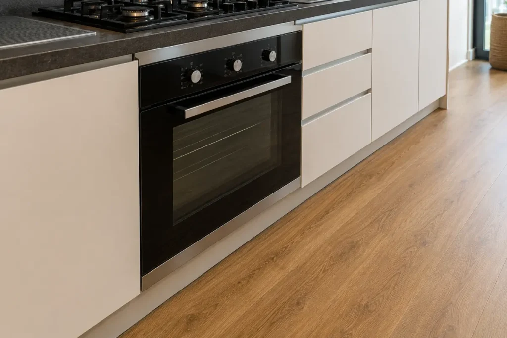 Wood-look vinyl flooring running up to a built-in oven in a UAE kitchen