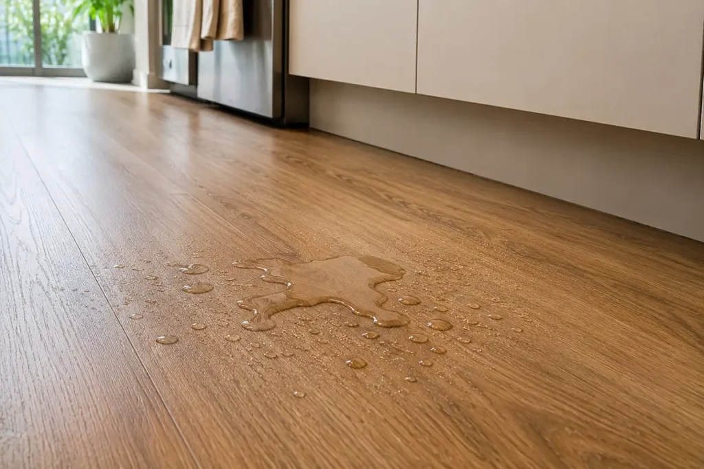 Water spill beading on waterproof wood-look vinyl flooring by a kitchen sink