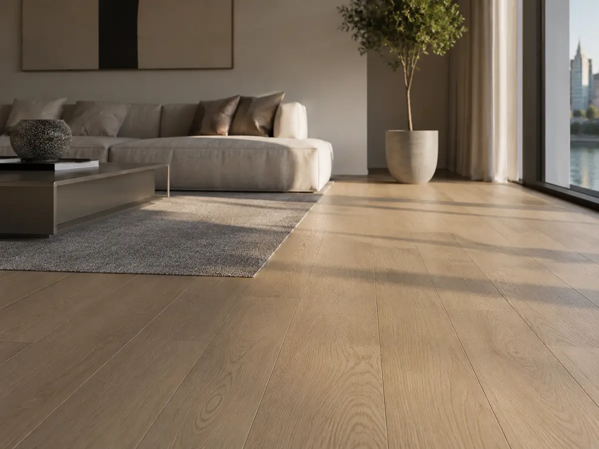 Light oak-effect vinyl plank flooring in a sunlit Dubai living room