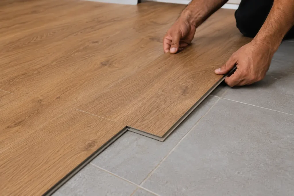 Wood-look vinyl plank being laid over an existing ceramic tile floor in a UAE home