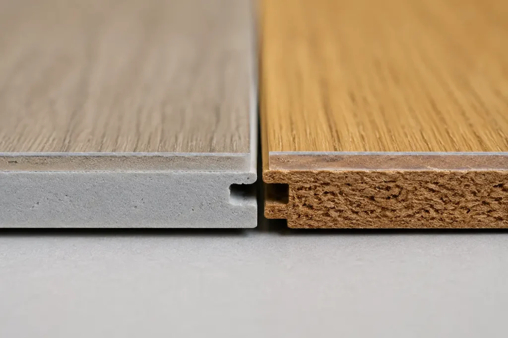 Vinyl plastic core next to laminate wood-fibre HDF core, showing the key difference