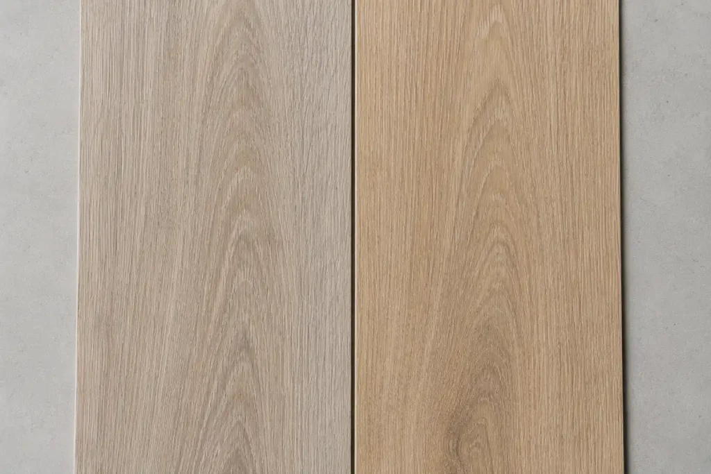 Vinyl and laminate plank surfaces side by side, looking nearly identical