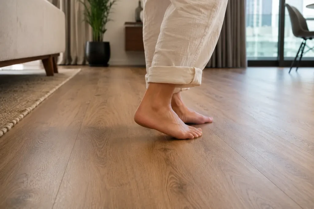 Bare feet on warm wood-look vinyl flooring in a cosy UAE living room