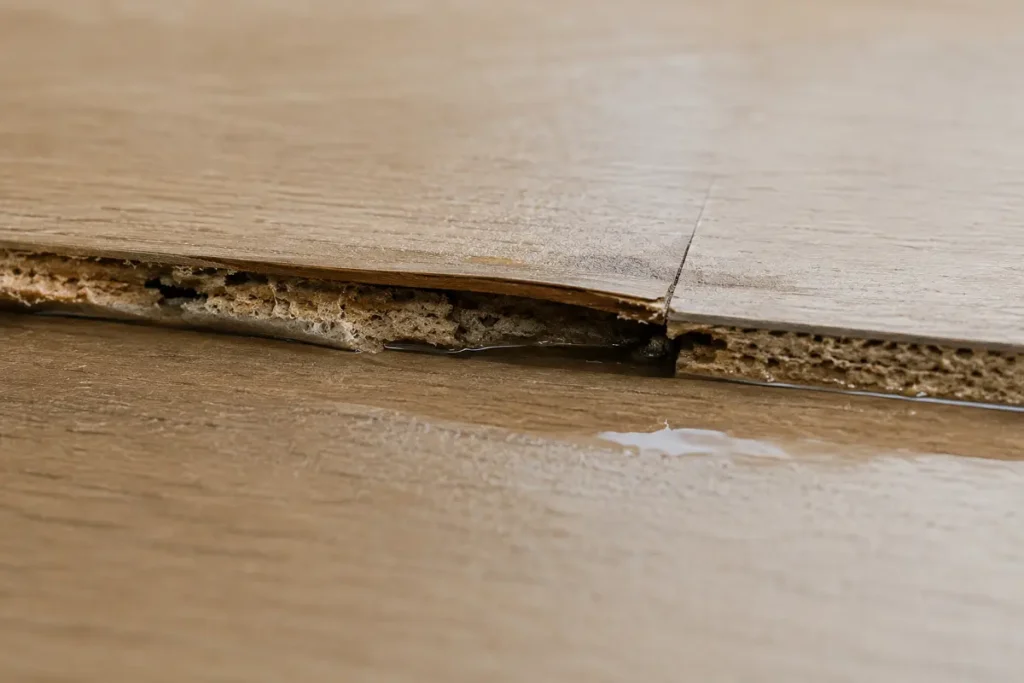 Swollen, lifting edge of a laminate plank damaged by water, showing it is not waterproof
