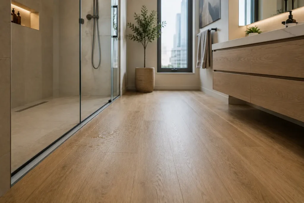 Waterproof wood-look vinyl flooring in a modern UAE bathroom wet area