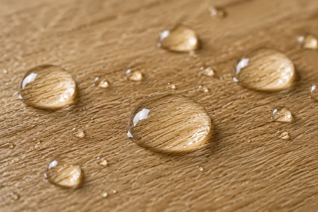 Water droplets beading on a waterproof rigid vinyl plank without soaking in