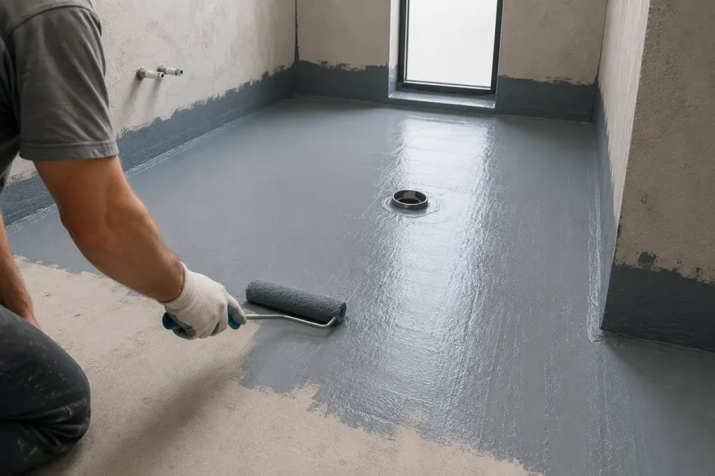 Waterproofing membrane applied to a bathroom subfloor before vinyl is laid