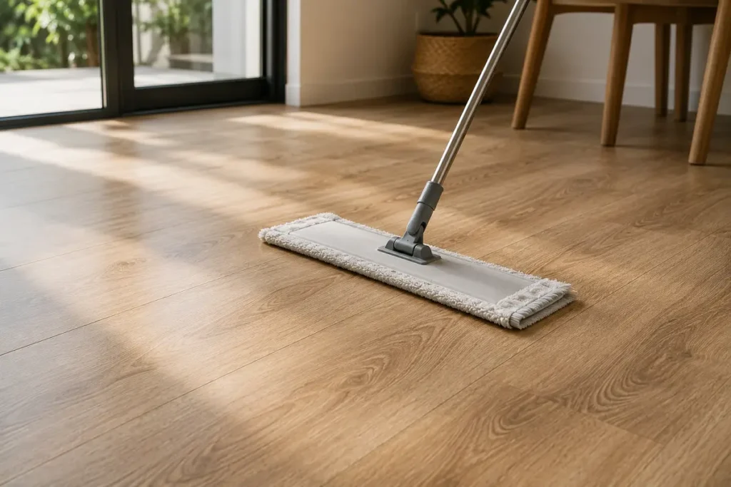 A wood-look vinyl floor being wiped clean with a flat mop