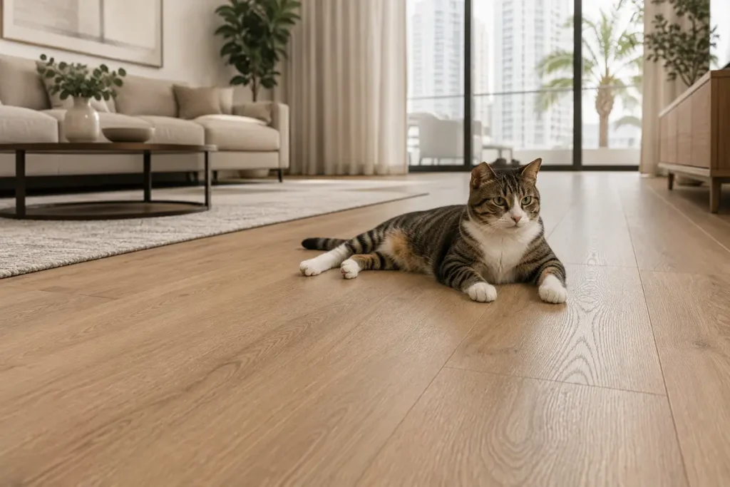 Dog resting on durable wood-look flooring in a UAE home, a scratch-resistance scene