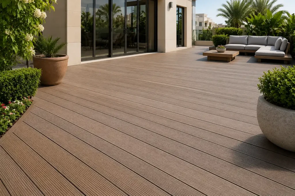 Light-tone WPC composite decking across a UAE villa terrace