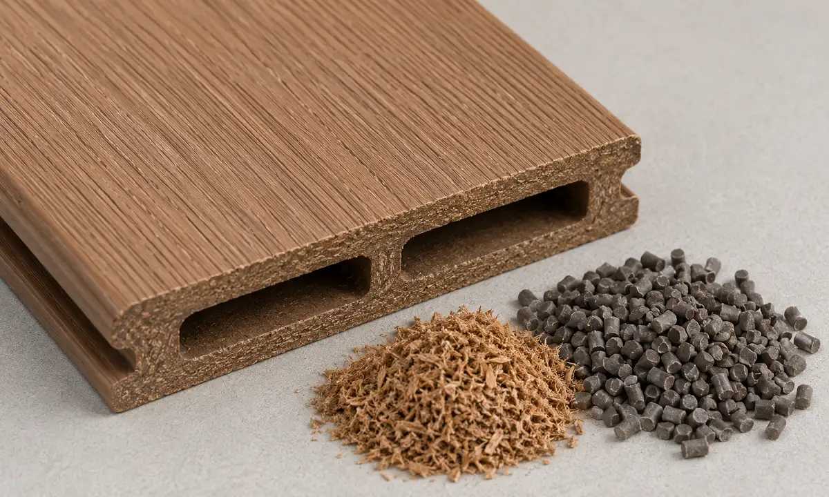 WPC decking boards made from wood fibre and recycled plastic