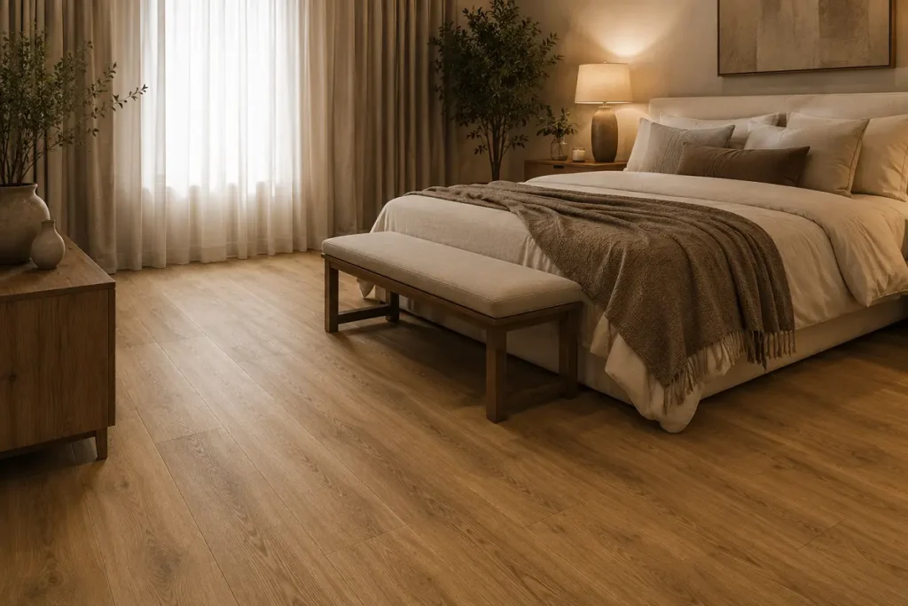 WPC rigid vinyl flooring in a warm, quiet bedroom interior