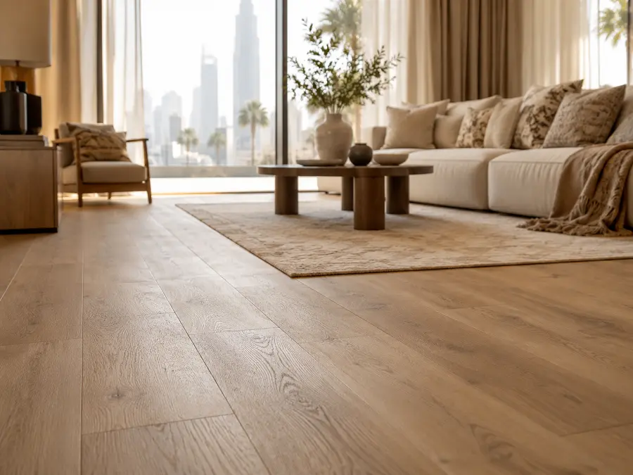 WPC vinyl plank flooring in a Dubai living room