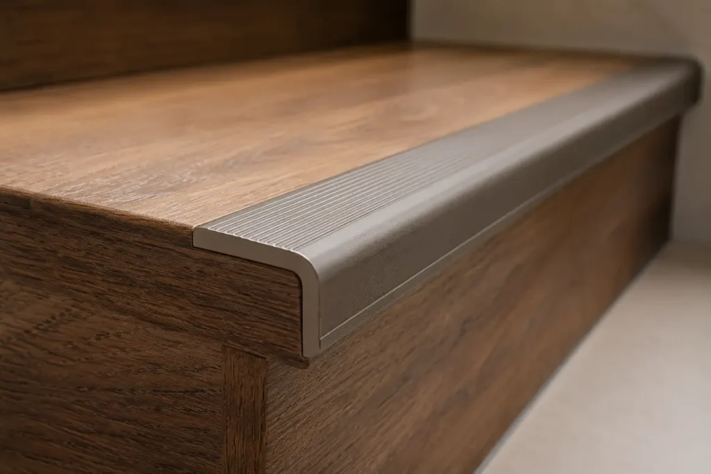 Close-up of a secure anti-slip nosing on the edge of a wood stair tread